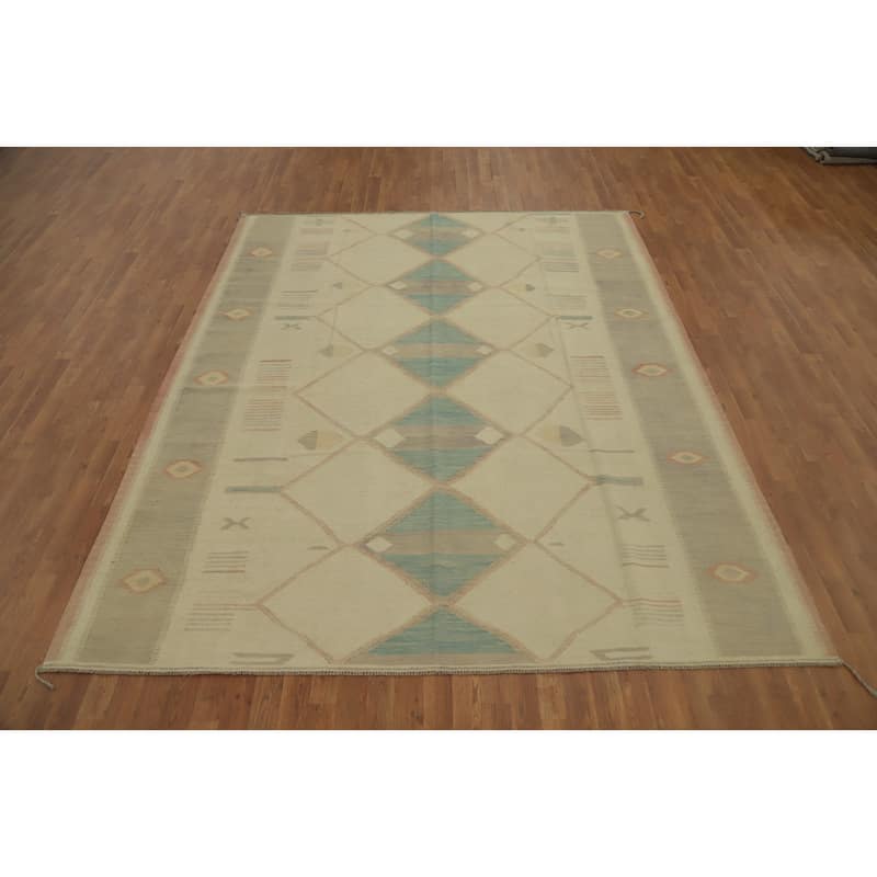 Hand Woven Oriental 100% Wool Carpet Southwestern Tribal Beige & Ivories Kilim Area Rug - 9' 10'' X 8' 0''