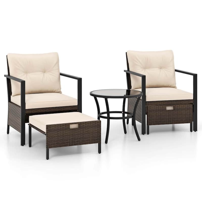 Gymax Set of 5 Furniture Set Rattan Chairs & Ottomans w/ Glass Topped