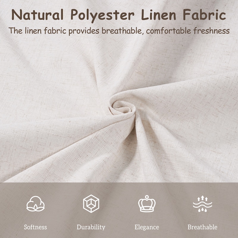 Beige Platform Bed Frame Stripe Linen Thick Upholstered Headboard Footboard, Solid Wooden Base Frame