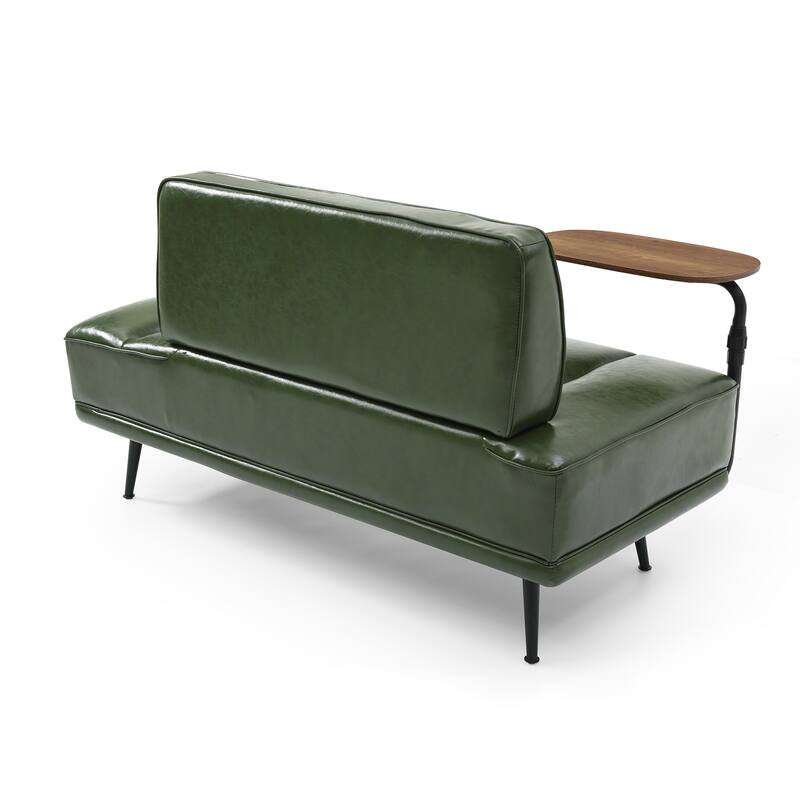 PU Leather Upholstered End of Bed Bench, 360-Degree Swivel Tray Small Loveseat, Window Bench with Side Table & Metal Legs
