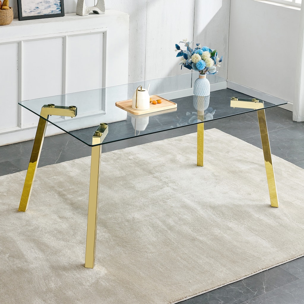 Minimalist style rectangular glass dining table with tempered glass and golden metal legs, for dining room,living room