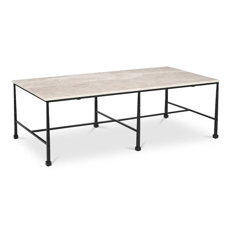 NADAAL STUDIOS Tylienne Coffee Table, Italian Botticino Marble, Hammered Blackened Iron Base