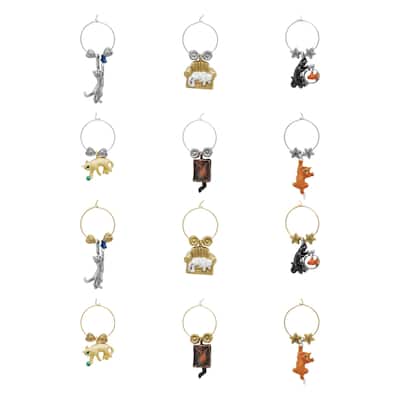 Wine Things 12-Piece Wine Charms/Wine Glass Tags/Drink Markers for Stem Glasses, Wine Tasting Party (Cats)