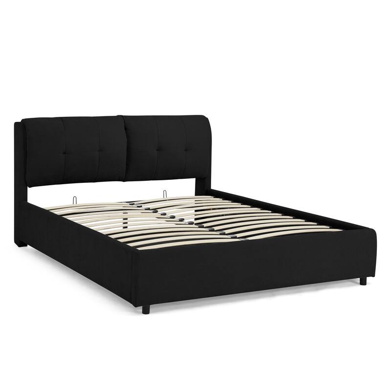 Hydraulic Storage Bed Frame Chenille Upholstered Platform Bed Queen Size Low Profile Bed with Integrated Headboard