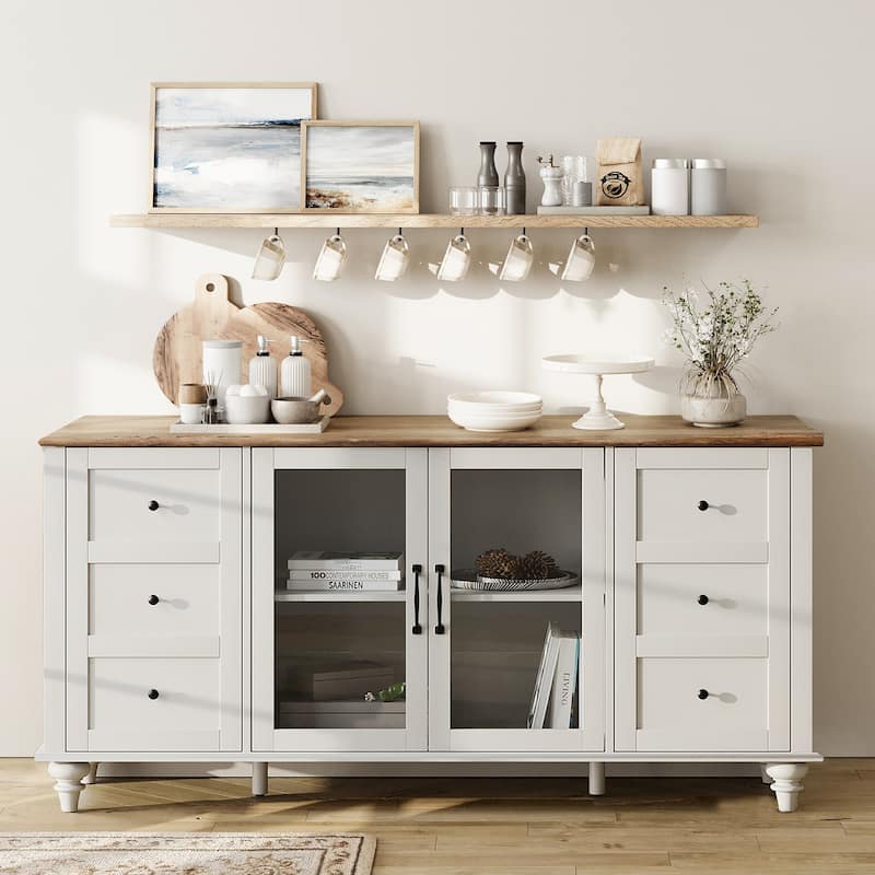 Farmhouse Sideboard with Glass Door, Buffet & cabinet for Kitchen - 58" - Off White