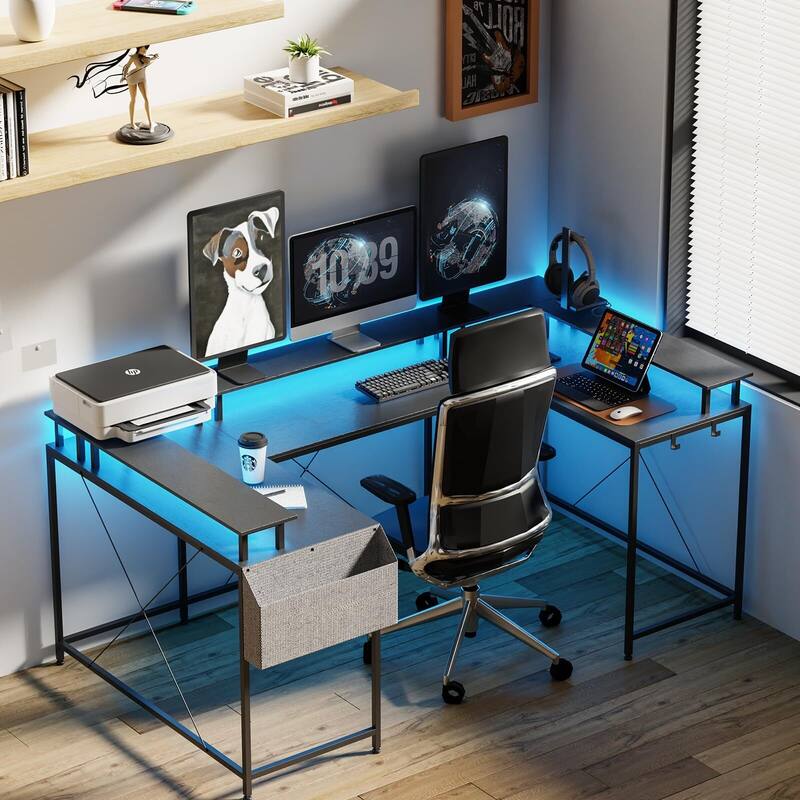 79" U Shaped Computer Desk with Power Outlets,Storage Bag, Hooks
