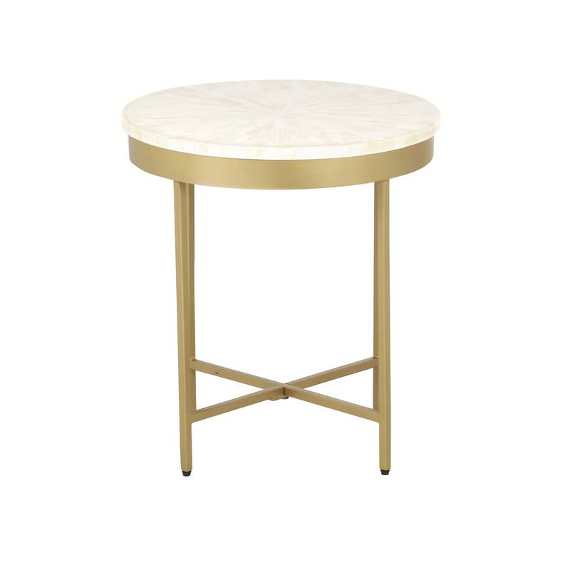 Sevita Alaric Round Bone Inlay and Gold Steel Cross-Leg End Table, 20" W x 22" H - 20" L x 20" W x 22" H