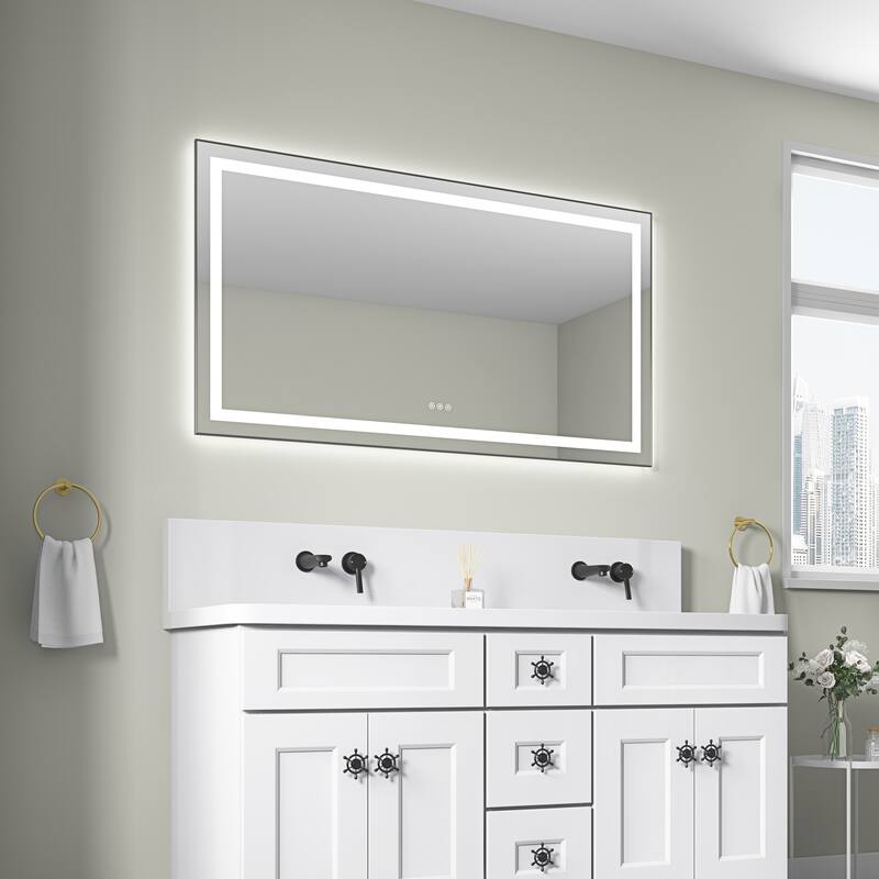 55" x 30" LED Bathroom Mirror with Front and Backlight, Wall Mounted Vanity Mirror with Aluminum Frame, Anti-Fog - Gun Ash