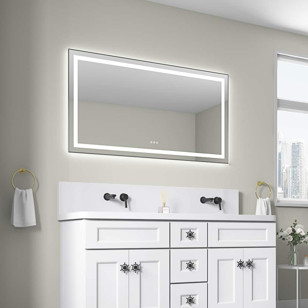 55" x 30" LED Bathroom Mirror with Front and Backlight, Wall Mounted Vanity Mirror with Aluminum Frame, Anti-Fog