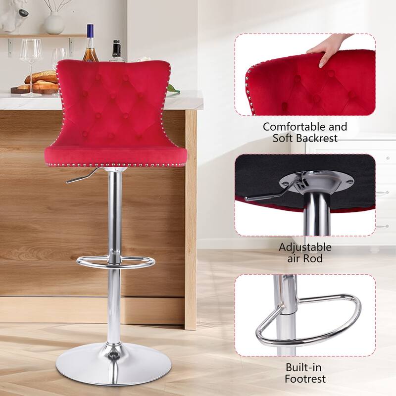 Velvet Swivel Bar Stools,Modern Bar Stools with High Back and Metal Footrest,Adjustable Swivel Barstools (Set of 2)