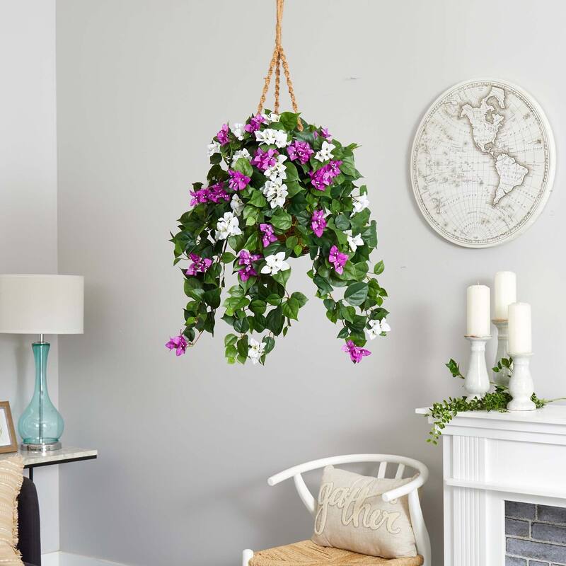 Artificial Hanging Basket Plant - Bougainvillea Silk Flowers - Purple Decorative Home Décor