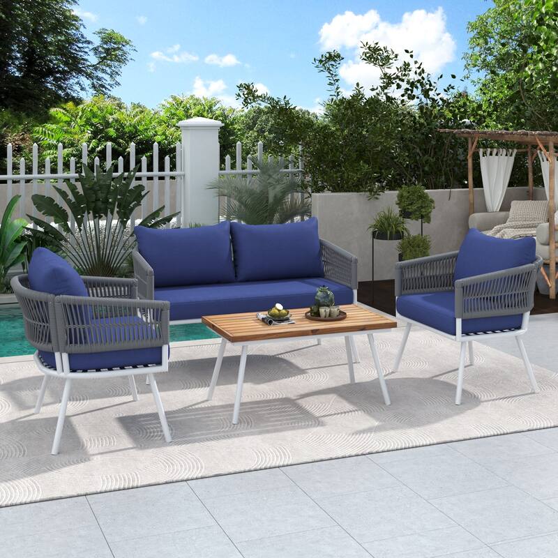 Outdoor 4-Piece Rope Conversation Sofa Set with Acacia Cool Bar Table & Armchairs