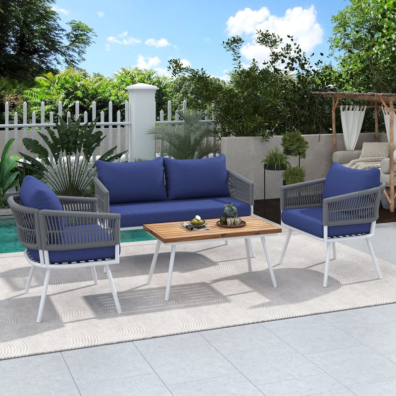 4-Pieces Rope Patio Conversation Set with Wooden Table & Cushion