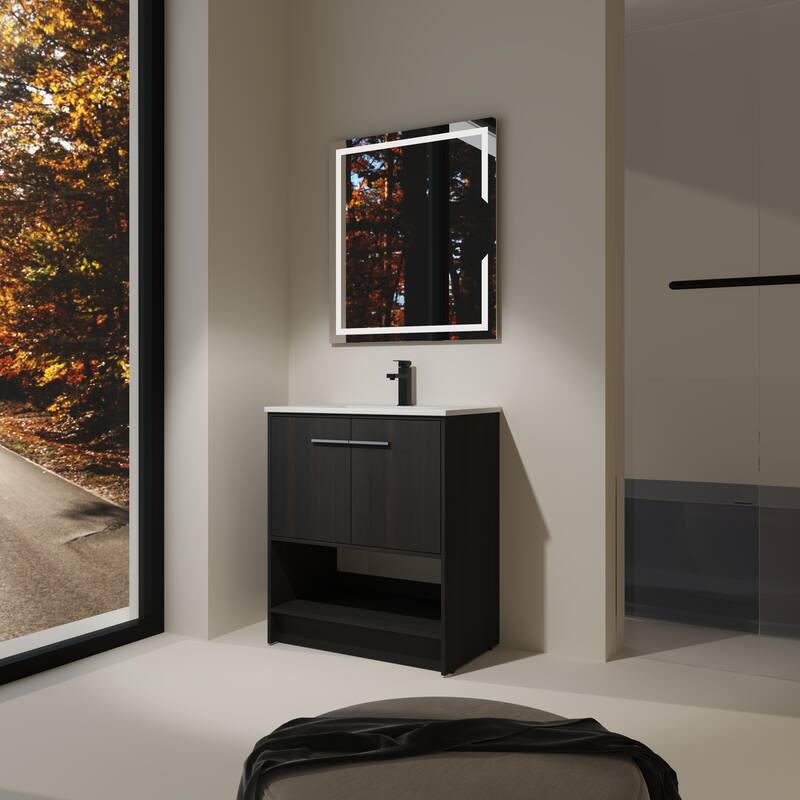 30" Bathroom Vanity with Ceramic Sink, 2 Soft Closing Doors, Freestanding Bathroom Cabinet Vanity - Dark Oak