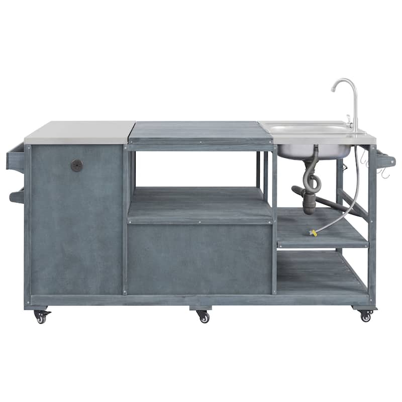 Kitchen Island with Sink, Grill Cart for Big Green Egg Grills, Rolling Bar Cart with Stainless Steel Top for Pizza Prep and BBQ