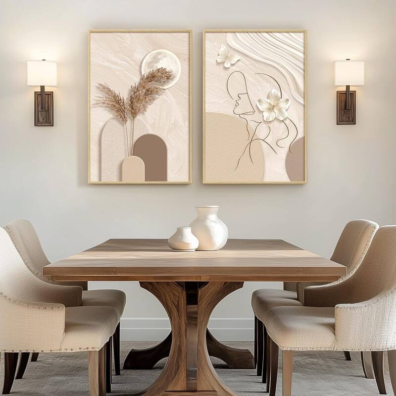 Set of 2 Tan and Cream Beige Canvas Prints Paintings Artwork