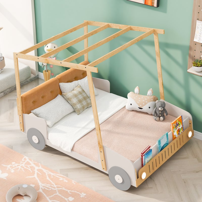 Roomfitters Size Car Canopy Bed, Wood Frame Platform with Upholstered Headboard, Tent Roof Design