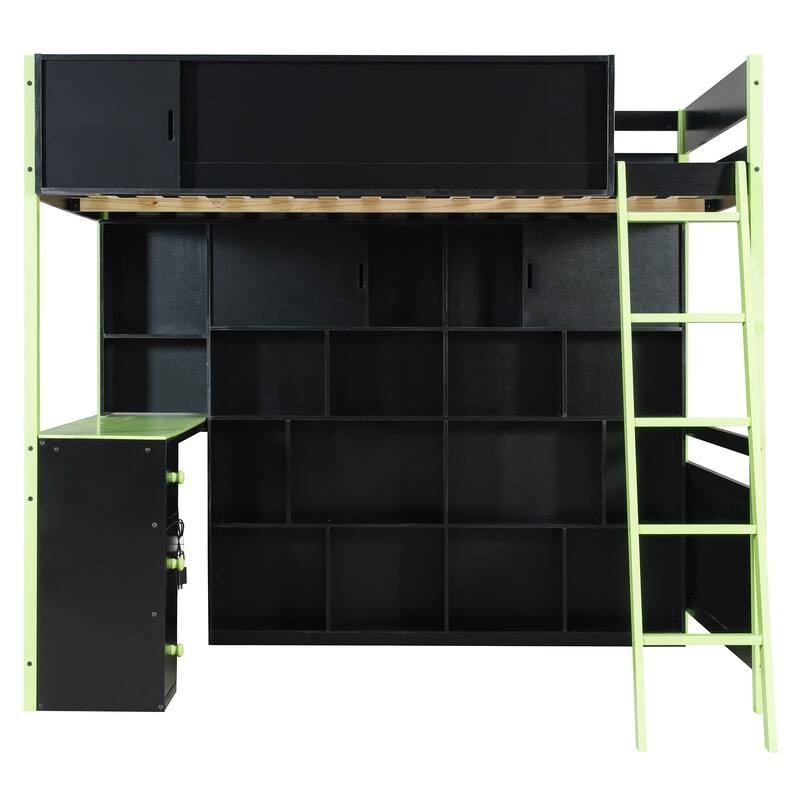 Full Size Wood Loft Bed with Desk, Ample Storage Space and Light