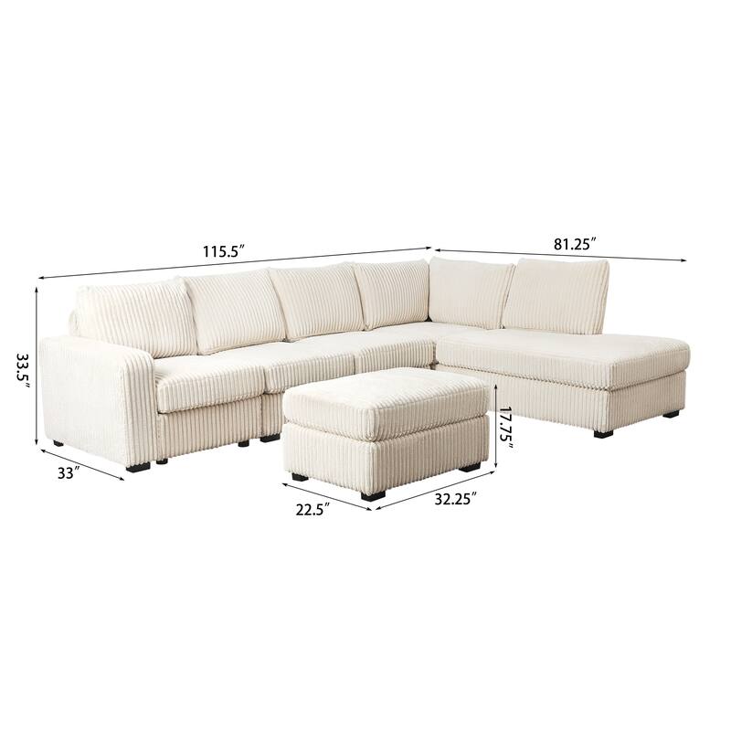 Adeco Modern L-Shape Sectional Sofa Set with Ottoman - 115.5"X81.25"X33.5"