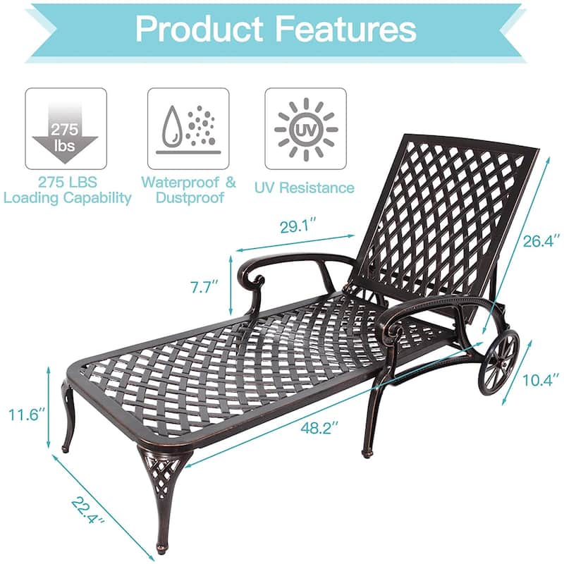 Aluminum Outdoor waterproof Chaise Lounge Chair With Wheels Adjustable Reclining