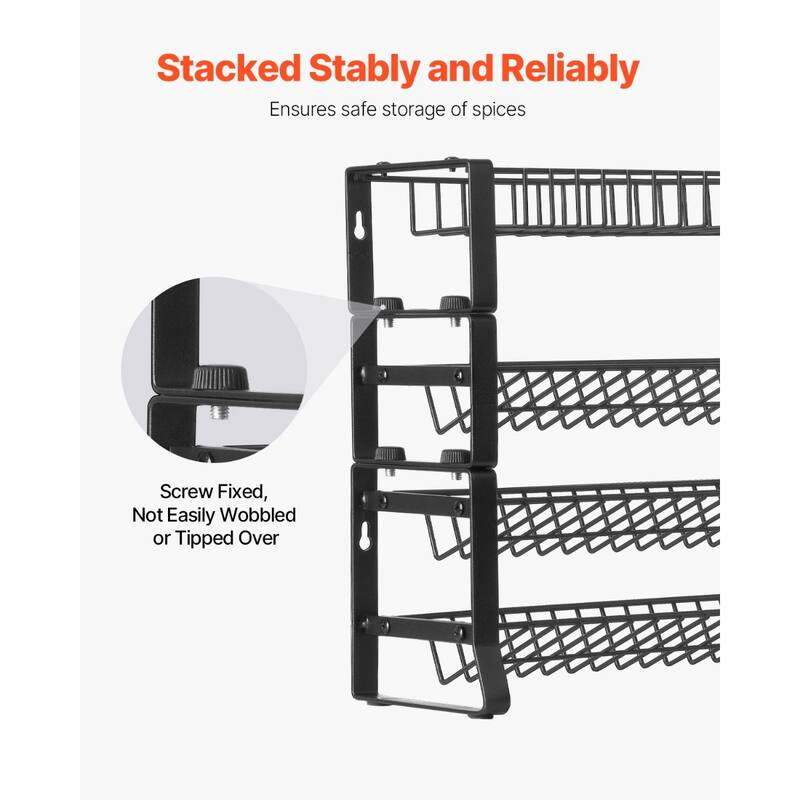 Black Steel 4-Tier Adjustable Spice Rack with Stackable Design and Wall Mount - 4 Tier-Only Spice Rack