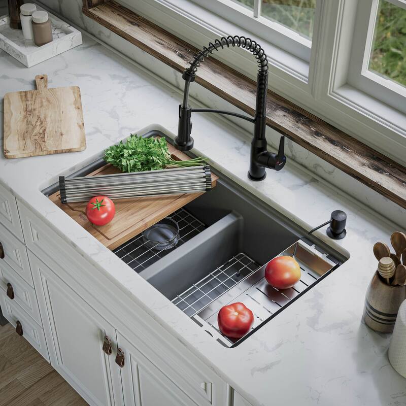 Karran QUWS-880 Undermount 32-1/2 in. Double Equal 50/50 Bowl Workstation Kitchen Sink