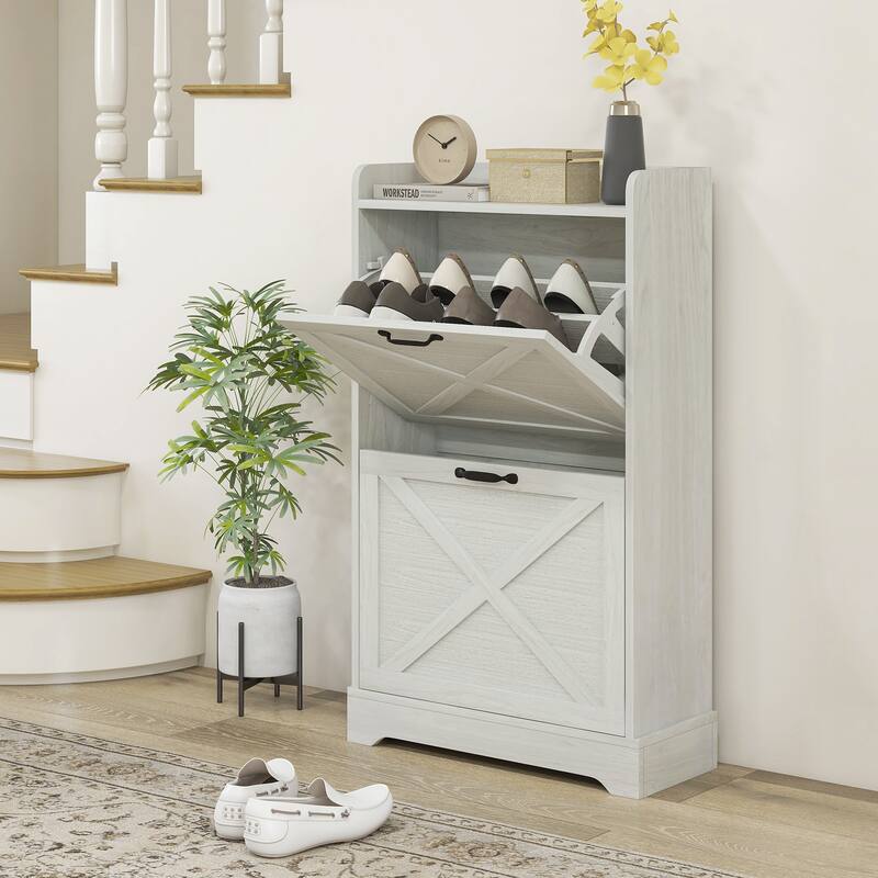 Entryway Hidden Shoe Storage Cabinet with Adjustable Shelves, Rustic Design, and Anti-Tip Feature, for Porch and Hallway