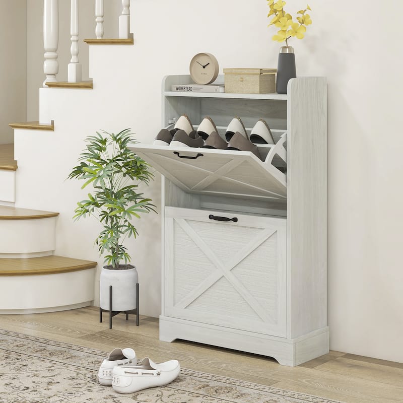 Slim Shoe Cabinet for Entryway, Farmhouse Hidden Shoe Storage Cabinet