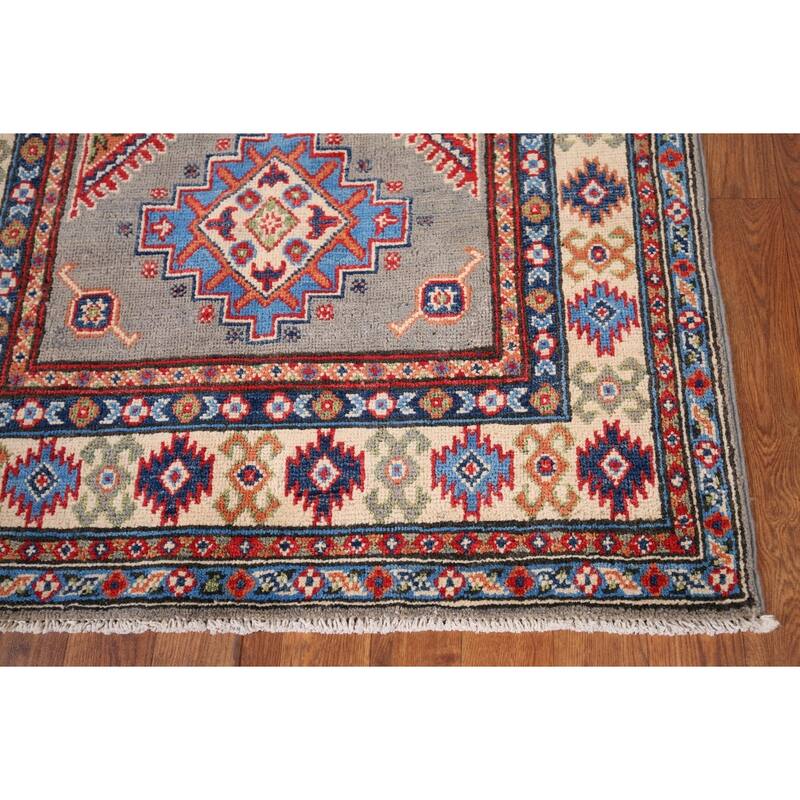 Geometric Kazak Accent Rug Hand-Knotted Traditional Wool Carpet - 3'2" x 5'0"