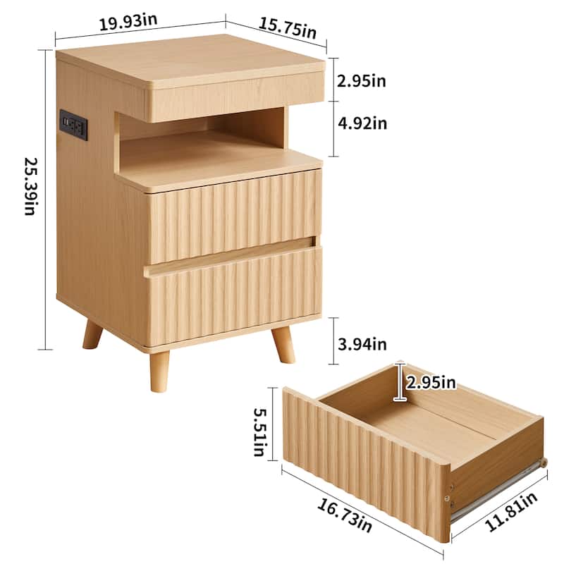 Modern Bedside Table with Gun Drawer,Bedside Table with Charging Station, 2 Drawers and Open Shelf,Side Table for Bedroom