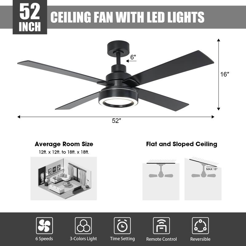 52" Modern Brushed Nickel Bedroom Ceiling Fan with Light and Remote Control