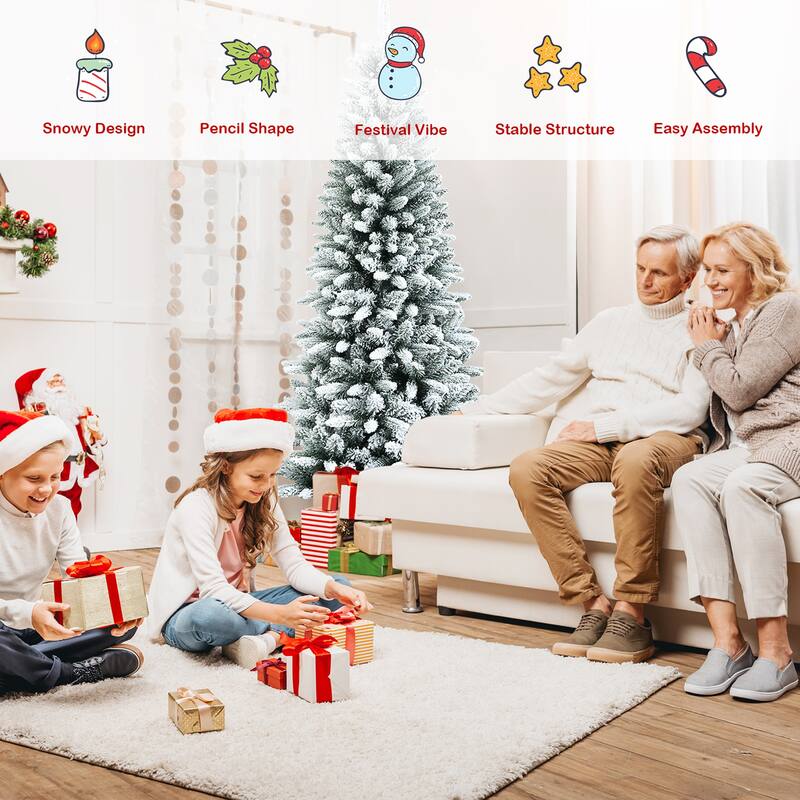 Gymax 4.5/6.5/7.5 FT Artificial Slim Christmas Tree Unlit Snow-Flocked