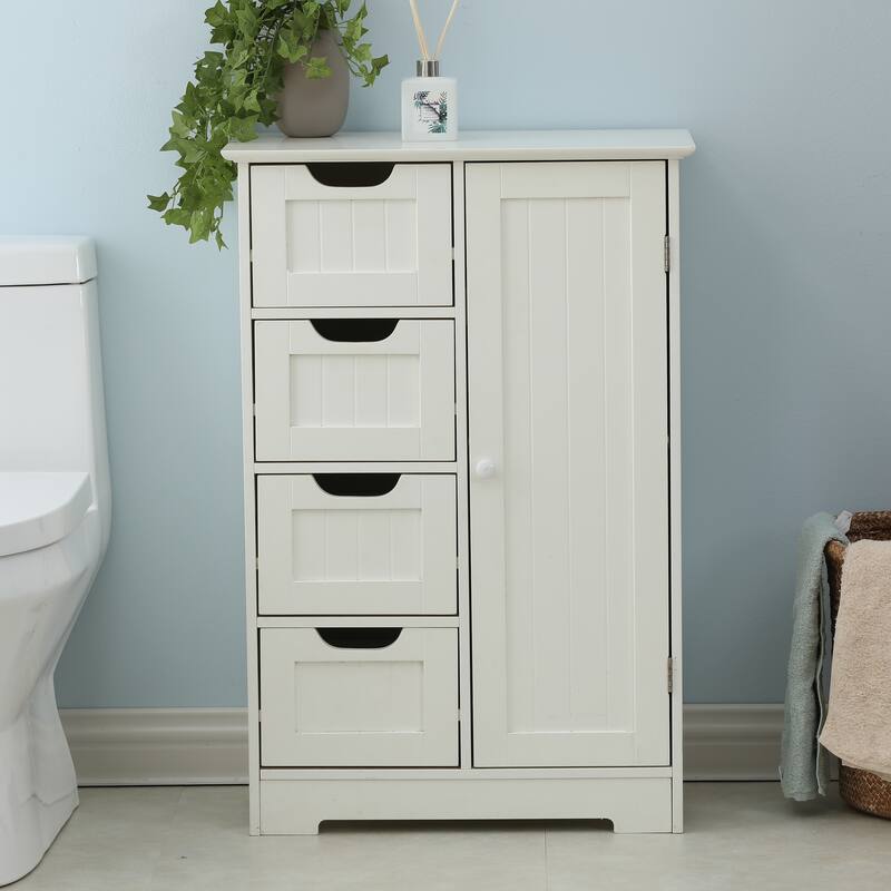 White Wood 4-Drawer 1-Door Bathroom Storage Cabinet - 32.68" H x 22.05" W x 11.81" D