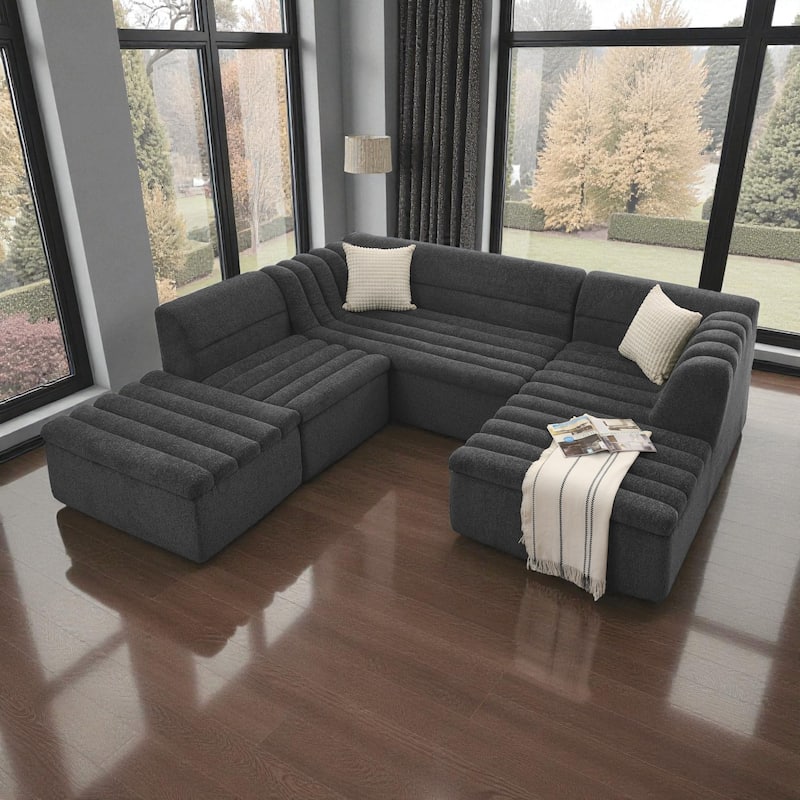 135" Chenille U-Shaped Modular Sectional Couch with Chaise, Movable Ottoman, Deep Seat Boneless Sofa for Living Room