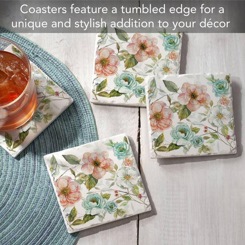 Pastel Garden 4-Pack Tumbled Tile Stone Coasters with Protective Cork Backing Manufactured in The USA