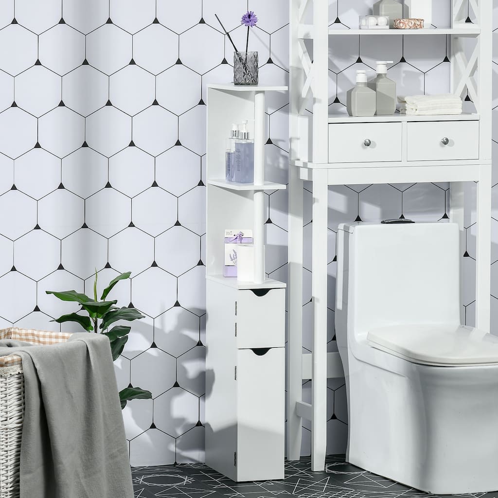 Tall Bathroom Storage Cabinet, Linen Tower with 2 Open Shelves and 2 Door