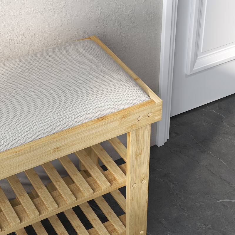 HOMCOM Bamboo Shoe Bench, 3-Tier Entryway Bench with Storage and Cushion, Shoe Organizer for Entryway, Hallway