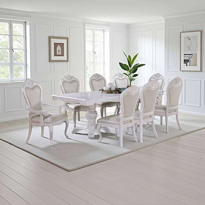 Zenie 9pc Dining Set, Classy White Wood Table, 8 Chairs, Faux Leather