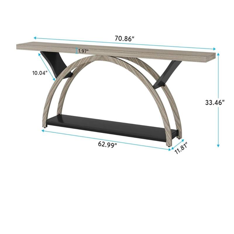 Farmhouse Industrial Console Table with Curved Base 2 Tier Wood Grain Top Metal Frame Entryway Hallway Sofa Table
