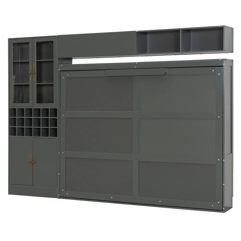 Queen Size Wall Bed with Sofa, Shelves, USB & Light in Gray