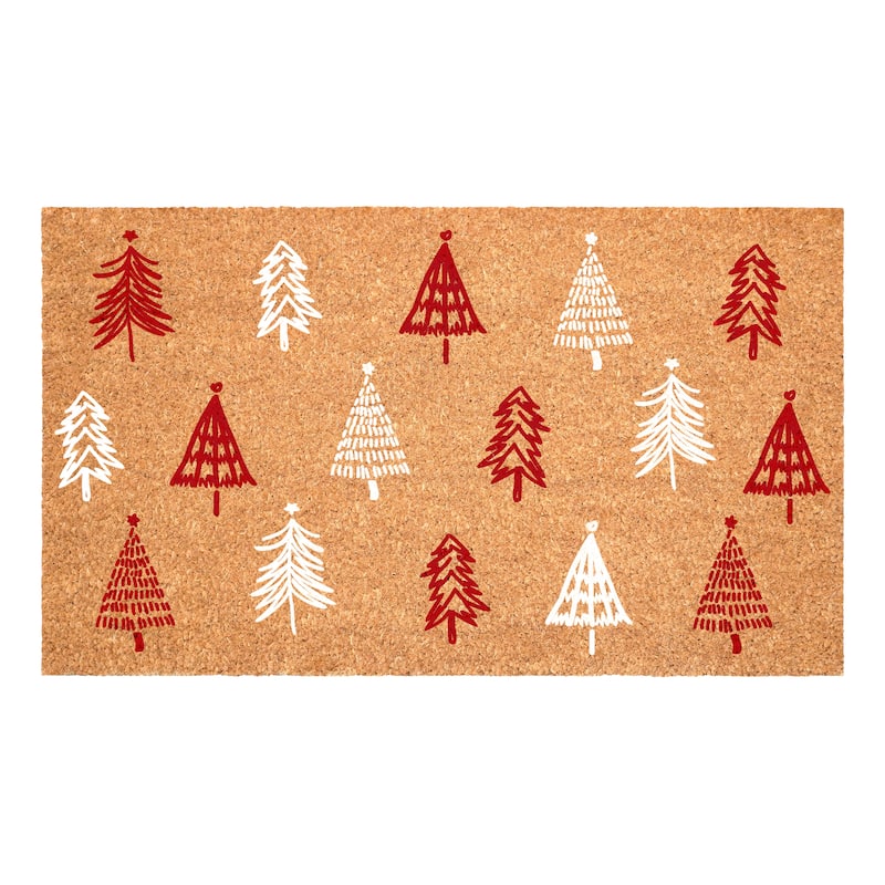 HomeRoots 17" X 29" Brown Red And White Christmas Trees Outdoor Coir Door Mat - 17.00' X '29.00