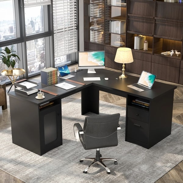 slide 2 of 72, Modern Farmhouse L-Shape Desk with File Cabinet and Drawers, Homer Office Executive Desk with Charge Station Black