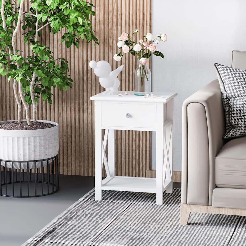 Farmhouse Side Table with Drawer and Open Shelf - White
