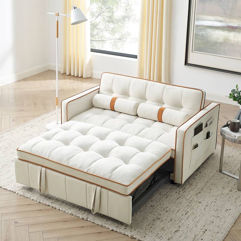 55.5" Velvet Fabric Sofa Bed, Pull-Out 2-Seater Loveseat Sofa Bed