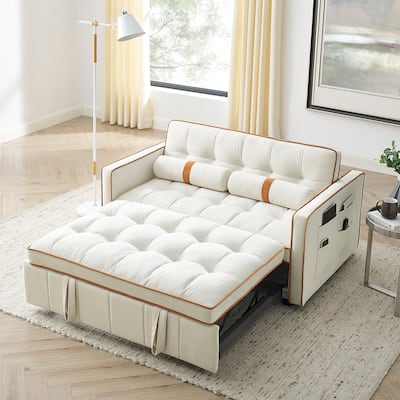 Velvet Pull Out Sleeper Sofa Bed, Adjustable Backrest Upholstered Tufted Couch Futon Sofa with 2 Pillows, Pockets