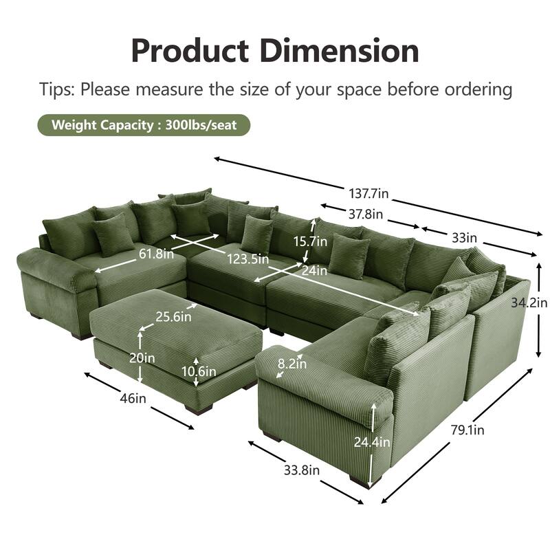 GDFStudio - Corduroy U-Shaped 6-Seater 137.7" Cloud Modular Sectional Couch with Ottoman