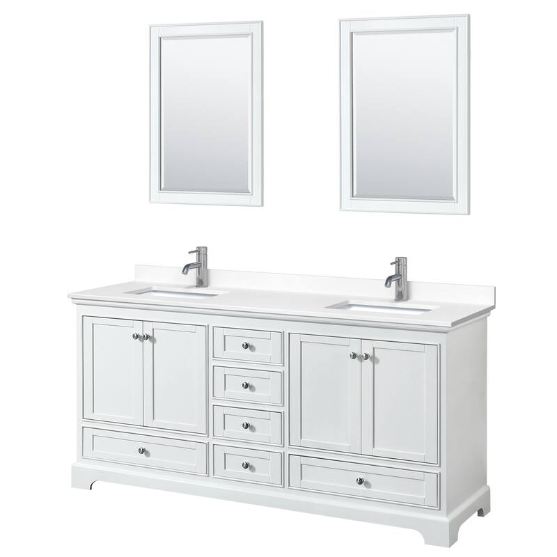 Deborah 72-inch Double Vanity, Cultured Marble Top, 24-inch Mirrors - White, Chrome Trim, White Cultured Marble Top