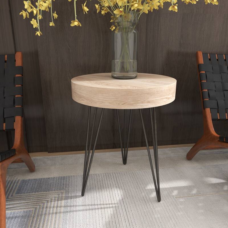 Wooden Round Accent Table with Black Metal Hairpin Legs - Brown - Roche River Decor
