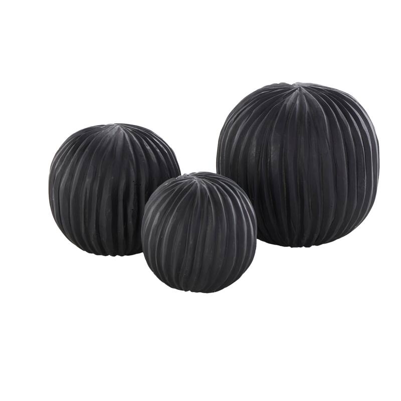 Brown or Black Teak Wood Handmade Carved Textured Orbs & Vase Filler with Ridges (Set of 3)