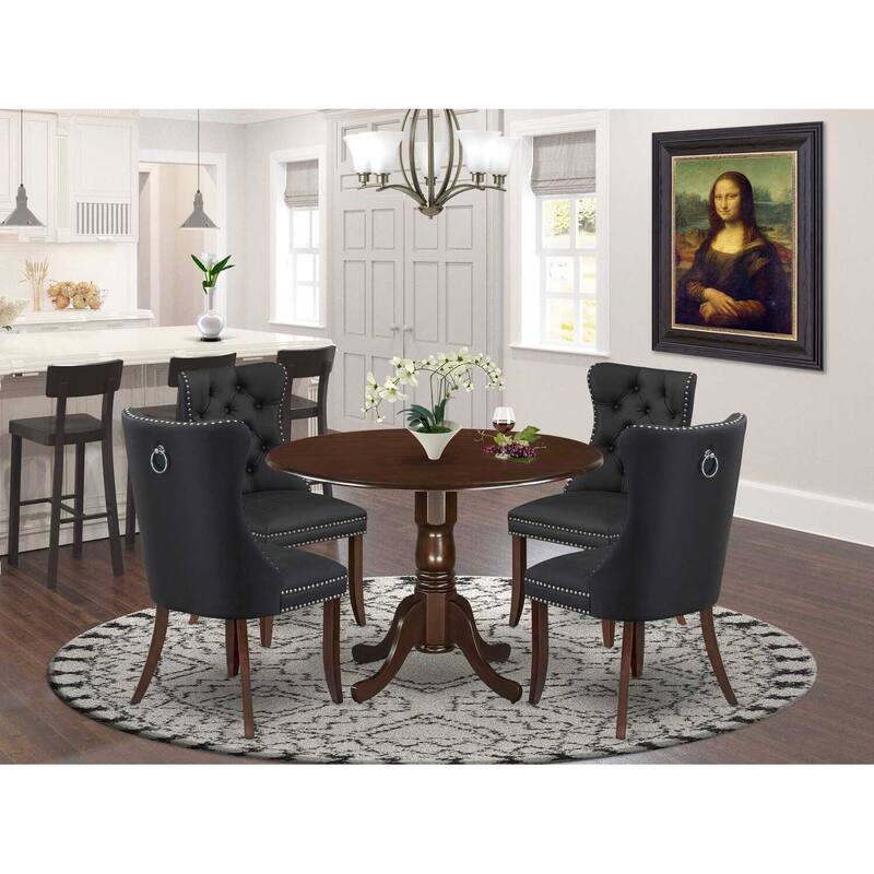 Modern 5 Piece Dining Set - Round Table with Dropleaf & 4 Chairs - Mahogany Finish